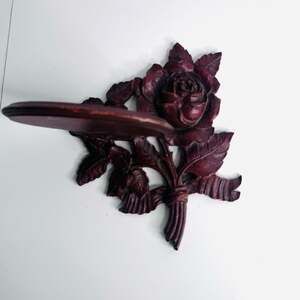 Vintage 80s Syroco Wood Rose Wall Shelf/Sconce Floral Dark Brown Carved Retro